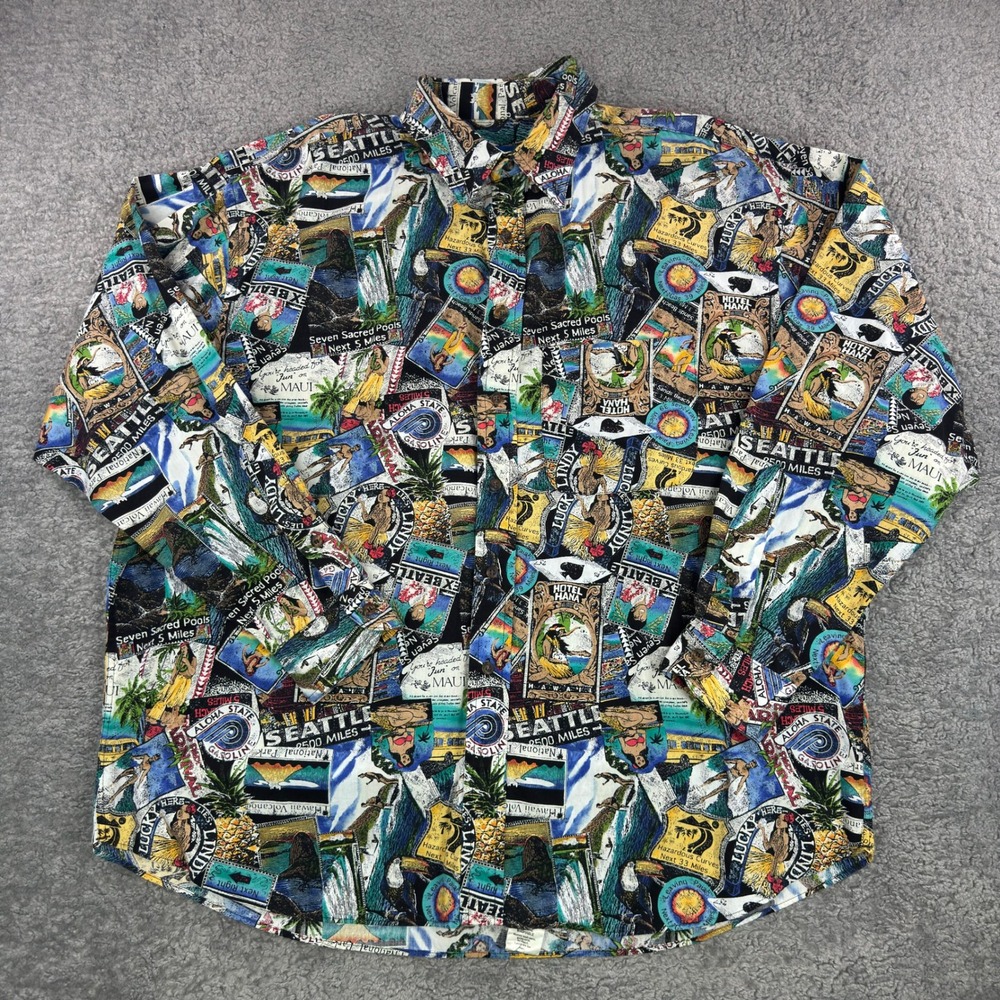 Lobo by Pendleton Mens XL Hawaiian Postcard Print Button Down Shirt Seattle Maui - Picture 2 of 11